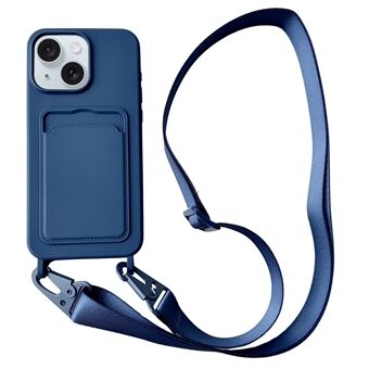 Voor iPhone 14 Hoesje Vloeibaar Siliconen Kaartsleuf Zachte Telefoonhoes met Lanyard Band