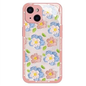 Voor iPhone 14 Gehard Glazen Hoesje Olieverf Bloemenpatroon TPU Frame Telefoonhoes