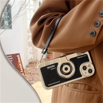 Voor iPhone 14 Hoesje Geëlectroplateerd Leer+TPU Telefoonhoesje met Strap Cameravorm