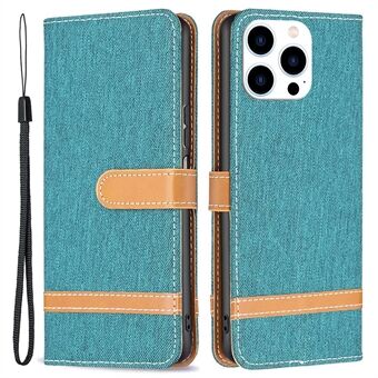 Voor iPhone 14 Pro 6.1 inch BF Lederen Serie-2 Folio Flip Magnetische Splicing Lederen Telefoon Case Jeans Doek Textuur Telefoon Cover met Stand Portemonnee