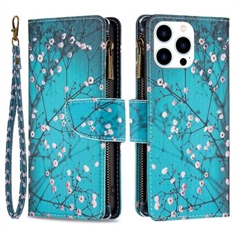 BF Patroon Afdrukken Leer Serie-4 voor iPhone 14 Pro 6.1 inch, 03 Stijl Ritsvak Telefoon Case Patroon Afdrukken PU Lederen Portemonnee Stand Cover