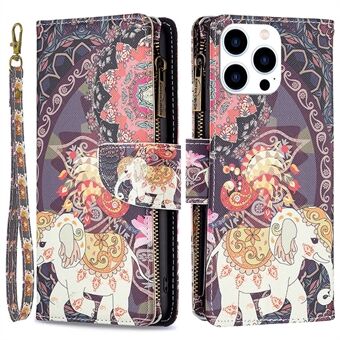 BF Patroon Afdrukken Leer Serie-4 voor iPhone 14 Pro 6.1 inch, 03 Stijl Ritsvak Telefoon Case Patroon Afdrukken PU Lederen Portemonnee Stand Cover