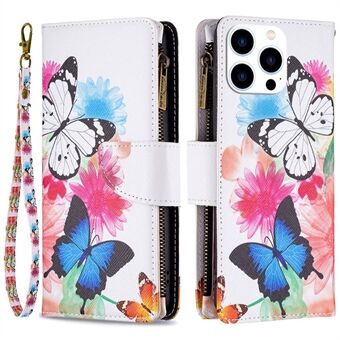 BF Patroon Afdrukken Leer Serie-4 voor iPhone 14 Pro 6.1 inch, 03 Stijl Ritsvak Telefoon Case Patroon Afdrukken PU Lederen Portemonnee Stand Cover