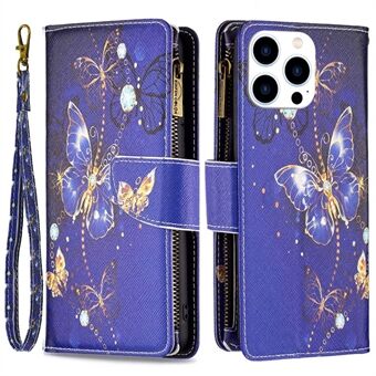 BF Patroon Afdrukken Leer Serie-4 voor iPhone 14 Pro 6.1 inch, 03 Stijl Ritsvak Telefoon Case Patroon Afdrukken PU Lederen Portemonnee Stand Cover