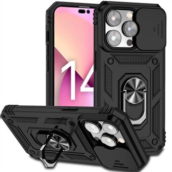 Voor iPhone 14 Pro 6.1 inch harde pc + zachte TPU roterende standaard hoes anti-val telefoonhoes met schuifcamera beschermhoes - zwart