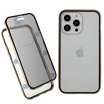 Rechte Edge telefoonhoes voor iPhone 14 Pro, anti-piep dubbelzijdig gehard glas telefoonhoes met veiligheidsgesp en magnetische adsorptie metalen frame