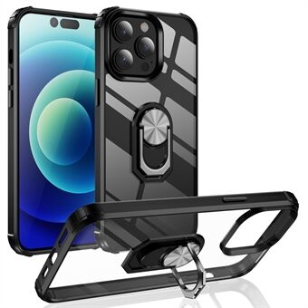 Voor iPhone 14 Pro 6.1 inch Valpreventie Ring Houder Kickstand Anti- Scratch PC + TPU Hybrid Phone Case met Ingebouwde Metalen Plaat