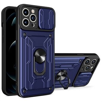 Voor iPhone 14 Pro 6.1 inch Slide Lens Cover Kickstand PC + TPU Shell Kaarthouder Schokbestendig Telefoonhoesje: