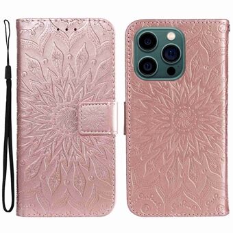 KT Imprinting Flower Series-1 voor iPhone 14 Pro 6.1 inch Volledige bescherming Flip Wallet Case Stand Zonnebloem bedrukt PU lederen telefoonhoes met riem