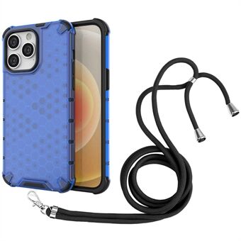 Voor iPhone 14 Pro 6.1 inch Honingraat Getextureerde Telefoon Case Hard PC Soft TPU Schokabsorptie Achterkant met Lanyard: