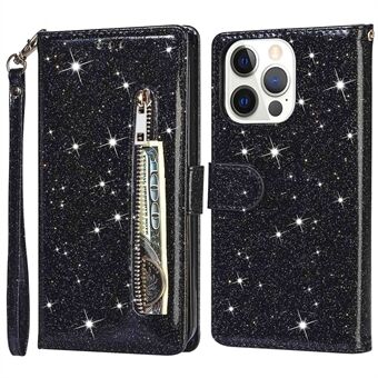 Voor iPhone 14 Pro 6.1 inch Volledige Bescherming Glitter Poeder PU Lederen Portemonnee Stand Ritsvak Telefoon Case Cover Shell