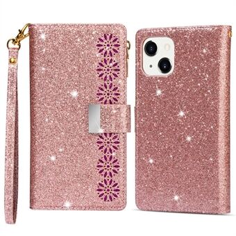 Voor iPhone 14 Pro 6.1 inch Flip Cover, Laser Carving Glittery Starry Stijl Rits Portemonnee Stand Scratch Lederen Telefoon Case met Riem