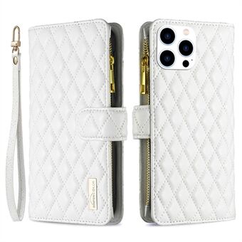 BINFEN COLOR voor iPhone 14 Pro 6.1 inch BF Style-15 Ritsvak Bedrukt Rhombus Case Valbestendig Flip Stand Matte PU Leather Wallet Cover