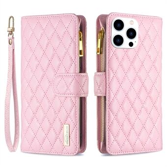 BINFEN COLOR voor iPhone 14 Pro 6.1 inch BF Style-15 Ritsvak Bedrukt Rhombus Case Valbestendig Flip Stand Matte PU Leather Wallet Cover