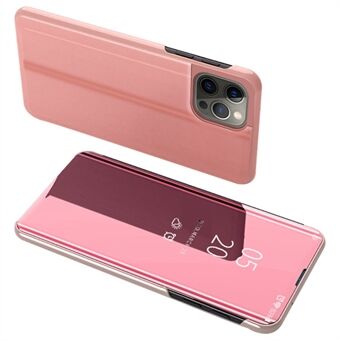 Voor iPhone 14 Pro 6.1 inch View Window PU Lederen Telefoon Stand Case Galvaniseren Spiegel Oppervlak Beschermhoes Shell: