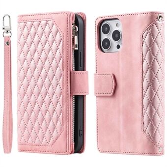 005 Stijl Rhombus Textuur Telefoon Case voor iPhone 14 Pro 6.1 inch, PU Lederen Stand Portemonnee Ritsvak Cover met Polsband