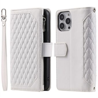 005 Stijl Rhombus Textuur Telefoon Case voor iPhone 14 Pro 6.1 inch, PU Lederen Stand Portemonnee Ritsvak Cover met Polsband