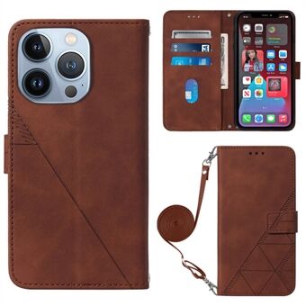 Voor iPhone 14 Pro 6.1 inch YB Opdruk Series-2 Opgedrukte Lijnen Stand Portemonnee Telefoon Case Zakelijke Stijl Lederen Cover met Schouderriem