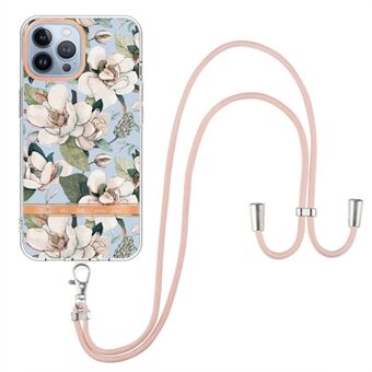 YB IMD-11 Serie voor iPhone 14 Pro 6.1 inch Anti-slijtage Bloemenpatroon Stijlvolle Galvaniseren Telefoon Cover IMD TPU Case met Lanyard