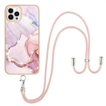 Voor iPhone 14 Pro 6.1 inch YB IMD Serie-9 Marmer Patroon IMD Telefoon Case Galvaniseren Frame TPU Soft Cover met Lanyard