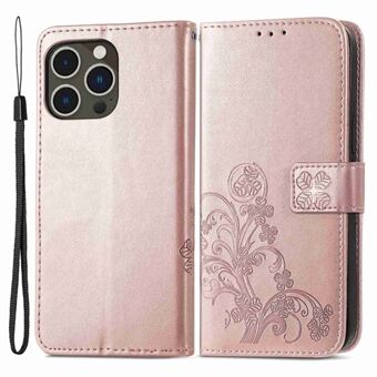 Voor iPhone 14 Pro 6.1 inch Portemonnee Folio Flip Telefoon Case Stand Klavertje vier Patroon Bedrukt PU Lederen TPU Cover met Riem