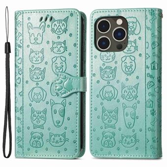 Voor iPhone 14 Pro 6.1 inch Bedrukt Kat Hond Patroon PU Lederen Case Drop-proof Bescherming Portemonnee Stand Telefoon Cover met Riem: