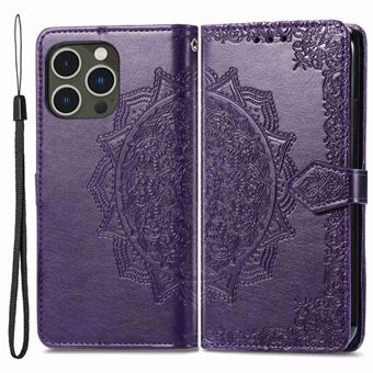 Voor iPhone 14 Pro 6.1 inch Reliëf Mandala Patroon Folding Stand PU Leather Case Portemonnee Stijl Flip Cover met Handriem