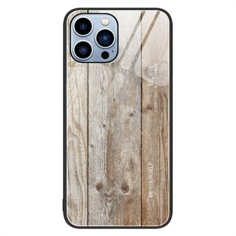 Voor iPhone 14 Pro 6.1 inch Houtpatroon Achterkant Gehard Glas TPU Frame Schokabsorptie Telefoonhoesje