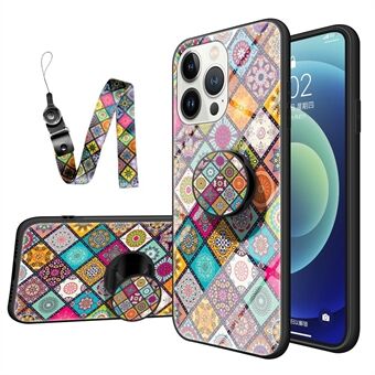 Bloemenpatroon Achterkant voor iPhone 14 Pro 6,1 inch, slijtvast gehard glas + harde pc-telefoonhoes Zachte TPU-standaard Shell met lanyard