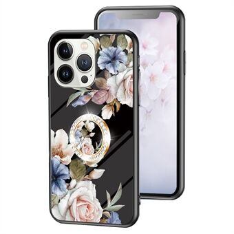 Voor iPhone 14 Pro 6.1 inch TPU + PC + Gehard Glas Hybride Telefoon Case Ring Kickstand Bloempatroon Afdrukken Beschermhoes: