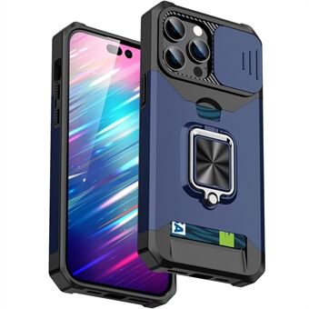 Voor iPhone 14 Pro 6.1 inch Kaartsleuf Ontwerp Telefoon Case Hard PC Soft TPU Hybrid Slide Camera Lens Cover Ontwerp Kickstand Achterkant: