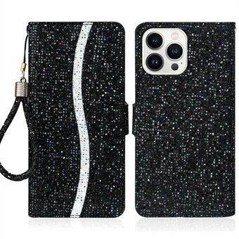 Voor iPhone 14 Pro 6.1 inch Glitter PU Lederen Stand Portemonnee Stijl Telefoon Case Bling Folio Flip Protector met Handriem: