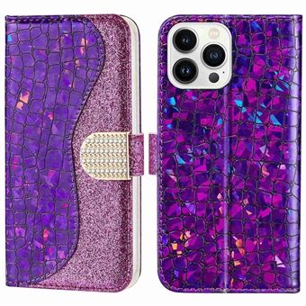 Voor iPhone 14 Pro 6.1 inch Sparkly Glitter Splicing Stand Telefoon Cover Krokodil Textuur Schokbestendig PU Lederen Portemonnee Flip Case