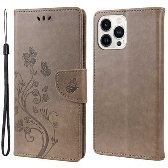 Voor iPhone 14 Pro 6.1 inch Anti-vingerafdruk Bedrukt Bloem Vlinders Lederen Mobiele Telefoon Case Wallet Stand Cover: