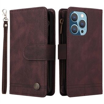 Voor iPhone 14 Pro 6.1 inch Anti-fall Skin-touch Strepen Bedrukte Lederen Cover Kaartsleuven Flip Wallet Stand Beschermhoes met Ritsvak