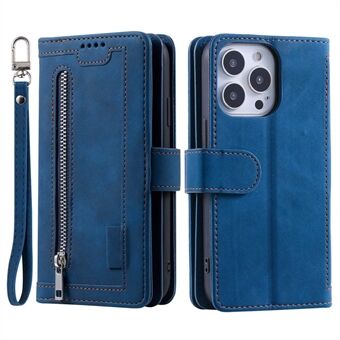 Voor iPhone 14 Pro 6.1 inch Ritsvak Ontwerp PU Leer 9 Kaartsleuven Case Magnetische Sluiting Handsfree Stand Wallet Cover met Riem