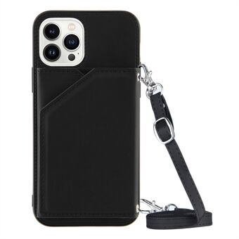 YB-1-serie Skin-touch telefoonhoes voor iPhone 14 Pro 6.1 inch, kaarthouder Kickstand lederen gecoate TPU-hoes met schouderriem