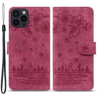 Voor iPhone 14 Pro 6.1 inch Kersenbloesem Kat Bedrukt Stand Telefoon Case PU Lederen Portemonnee Folio Flip Cover met Riem: