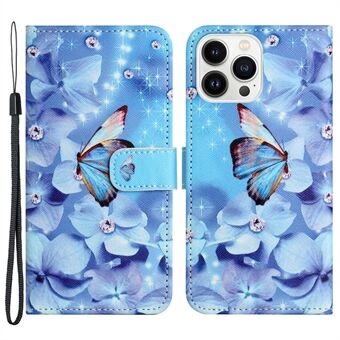 Voor iPhone 14 Pro 6.1 inch Anti-slijtage Kruis Textuur Portemonnee Telefoon Cover PU Leer 3D Patroon Afdrukken Stand Feature Case met Riem