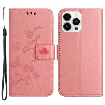 Voor iPhone 14 Pro 6.1 inch Vlinder Bloem Bedrukt Telefoon Case PU Leather Flip Wallet Stand Anti Scratch Telefoon Cover met Riem