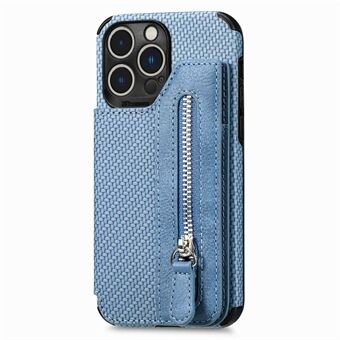 Voor iPhone 14 Pro 6.1 inch Koolstofvezeltextuur Zak met ritssluiting Kickstand-ontwerp met leer gecoate TPU-telefoonhoes: