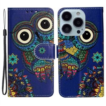 Voor iPhone 14 Pro 6.1 inch Patroon Reliëf Telefoon Cover PU Leer TPU Volledige Bescherming Stand Wallet Case met Handriem: