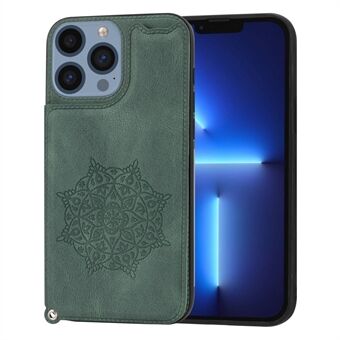 Voor iPhone 14 Pro 6.1 inch Kaartsleuf Kickstand Leer Gecoat TPU Case Mandala Bloem Opdruk Telefoon Beschermhoes met Polsband: