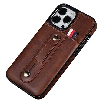 Voor iPhone 14 Pro 6.1 inch Anti-slijtage Telefoon Shell Card Slot Kickstand Hand Grip Strap Ontwerp Precieze Uitsparing PU leer + TPU Case