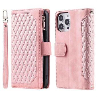 Voor iPhone 14 Pro 6.1 inch Rhombus Telefoon Cover Ruit Raster Textuur Anti Scratch PU Leather Flip Wallet Stand Case