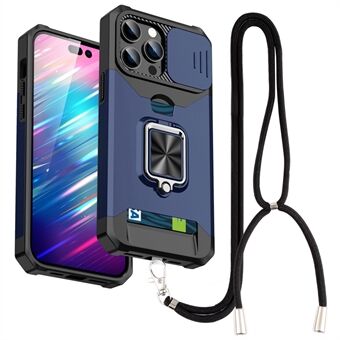 Voor iPhone 14 Pro 6.1 inch Slide Camera Cover Card Slot Telefoon Shell Hard PC + TPU Kickstand Telefoon Case met Riem: