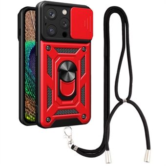 Voor iPhone 14 Pro 6.1 inch Telefoon Cover Kickstand Slide Camera Bescherming PC + TPU Ring Houder Drop-proof Telefoon Case met Lanyard: