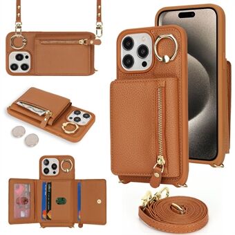 Voor iPhone 14 Pro Hoes Kaart Tas Ring Kickstand PU Lederen+TPU Telefoonhoesje met Schouderriem