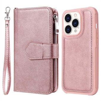 KT Multi-functionele Series-4 afneembare lederen hoes voor iPhone 14 Pro, Stand magnetische telefoonhoes met ritsvak
