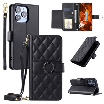 Voor iPhone 14 Pro Crossbody Leren Hoes Ring Gesp Portemonnee Standaard Ruitvormige Mobiele Hoes